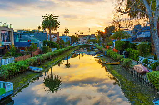 Los Angeles, California - December 29, 2022: Venice Canal at Golden Hour
