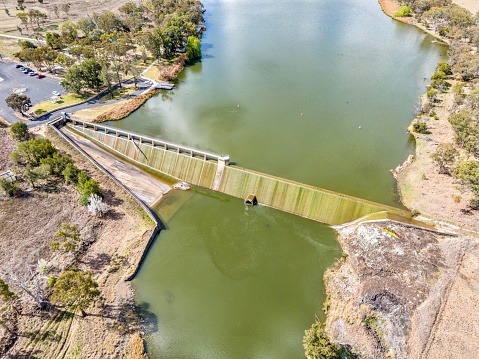 Aerial Image taken at Lake Inverell Reserve, Lake Inverell Reserve was formed in 1938, with the dam wall across the Macintyre River, located Inverell, New South Wales, Australia