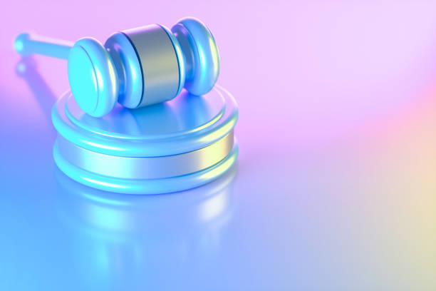 Gavel justice on neon lighting background blue pink and yellow colors