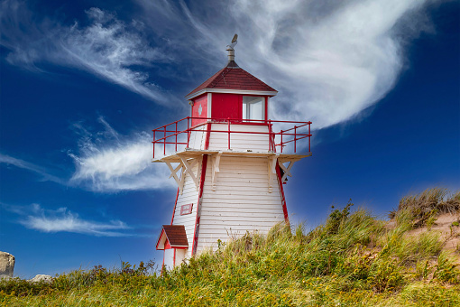 Lighthouse, daytime, on a sandy beach in Nova Scotia