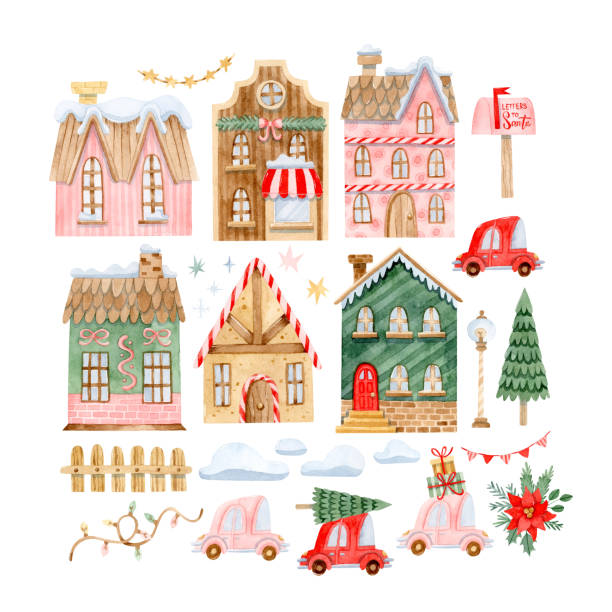 Christmas village constructor with watercolor houses, cars, trees and snow Watercolor clipart with colorful houses, cars, fence, garlands, poinsettia bouquet, snow, mailbox watercolor lantern set stock illustrations