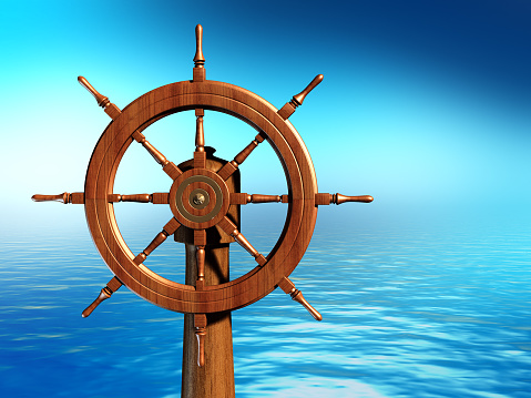 Ship wheel over a sea background. Digital illustration, 3D render.