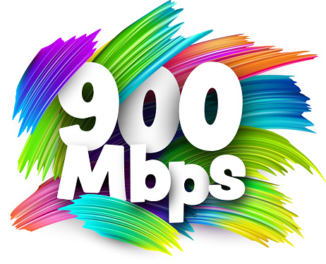 900 Mbps paper word sign with colorful spectrum paint brush strokes over white. Vector illustration.