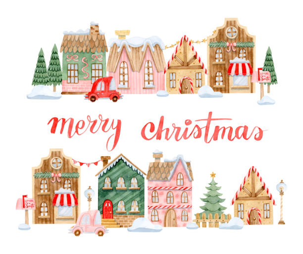 Watercolor Christmas village with colorful houses, cars, trees, and lettering Merry Christmas Watercolor Christmas village with colorful houses, cars and fir trees. Watercolor lettering Merry Christmas watercolor lantern set stock illustrations
