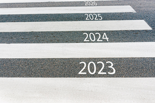 Future 2023,2024,2025,2026 new year future.Zebra crossing on outdoor road.crosswalk on the road.new year concept.Outdoors shot.Summer day.