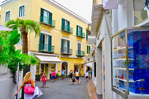 Capri Town, Italy: 09/20/2023- Picturesque Capri is an island in Italy in the Bay of Naples. Famous for rugged landscape, hotels, shopping, and beautiful villas.