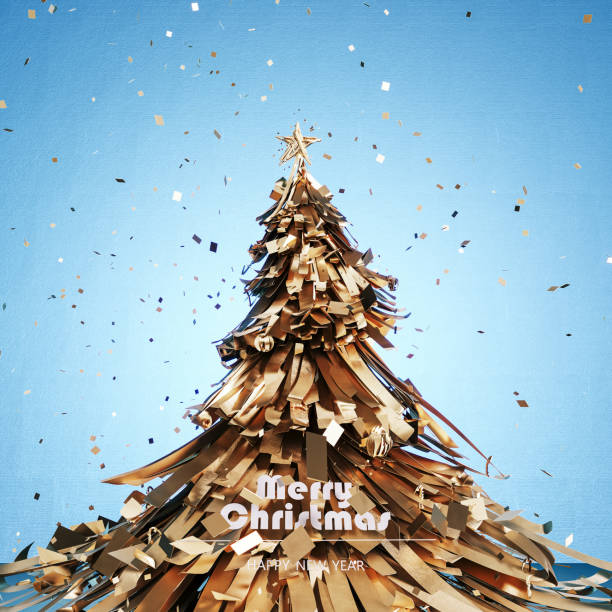 Abstract gold Christmas tree and Merry Christmas text on blue background.