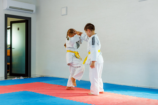 Portrait of kids and adults fencers with coaches engaged in fencing in training room