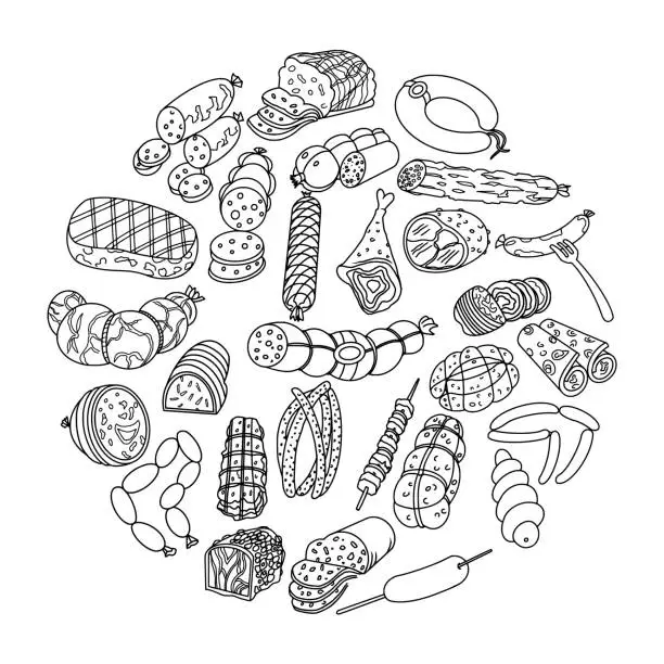 Vector illustration of Meat and Sausages, Doodles set, Circle Composition