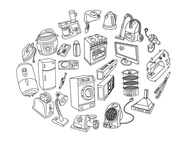 Vector illustration of Appliances Doodles set, Circle Composition