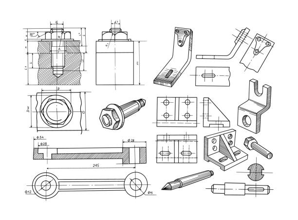 grafika liniowa rysunku schematu, śruba, narożnik - nut blueprint work tool construction stock illustrations