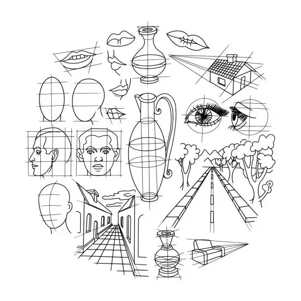 Vector illustration of Artist's Education Doodles set, circle composition
