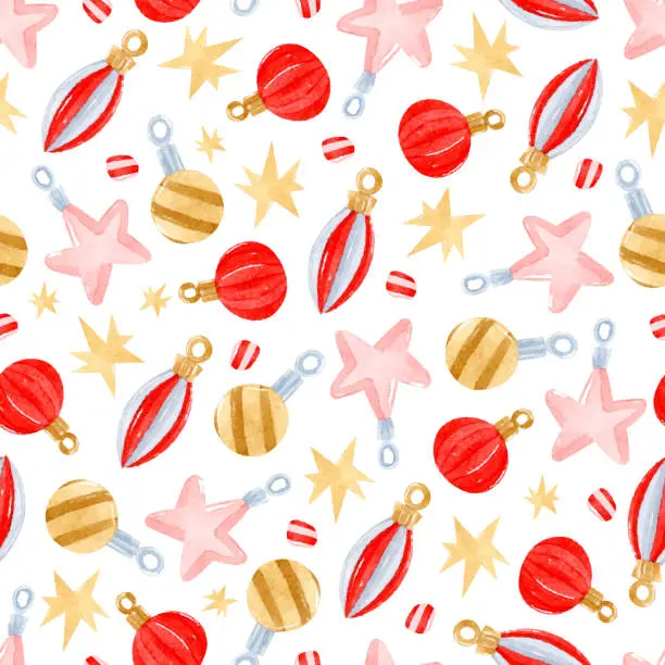 Vector illustration of Watercolor colorful Christmas ornaments seamless pattern