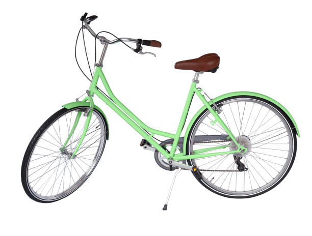 istock Green retro bicycle with brown saddle and handles, generic bike side view 1693711429