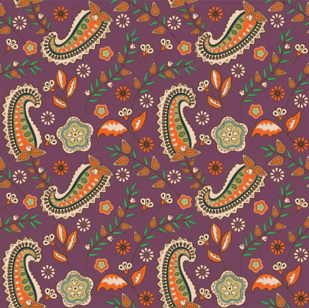 Vector illustration of Purple and orange paisley pattern. Floral damask fabric swatch.