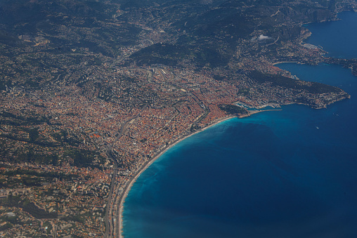 Aerial views of the city of Nice and the French Riviera, the Côte d'Azur, taken from an aircraft.