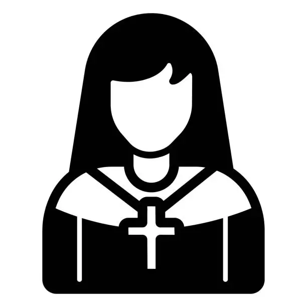 Vector illustration of Avatar of nun with cross solid icon, Happy Easter concept, Priest woman sign on white background, Nun sister icon in glyph style mobile concept web design. Vector graphics.