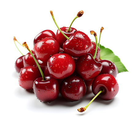 Close-up Cherries in wooden Bowl with water drops on rustic table. Healthy Food Background