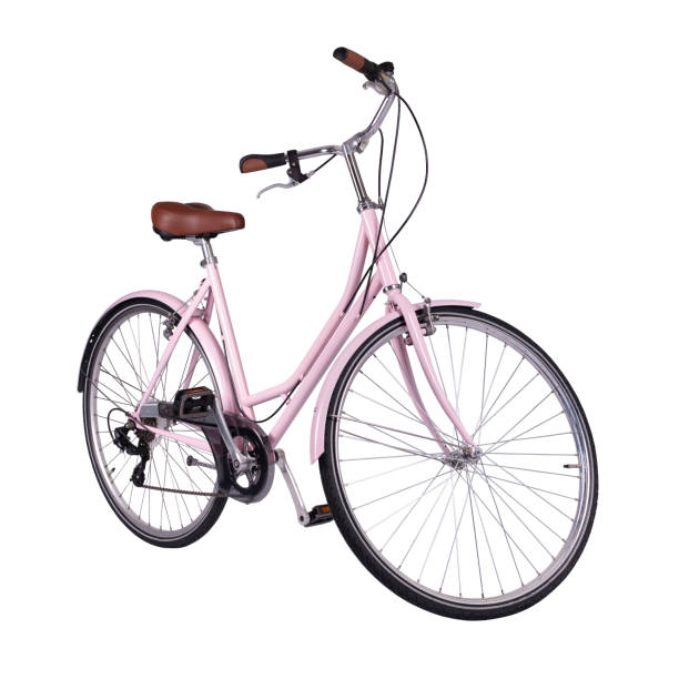 istock Pink retro bicycle with brown saddle and handles, generic bike side view 1693718241