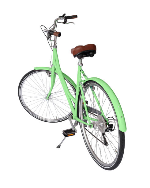 istock Green retro bicycle with brown saddle and handles, generic bike back view 1693719418
