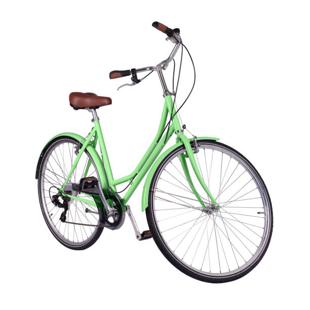 istock Green retro bicycle with brown saddle and handles, generic bike side view 1693720045