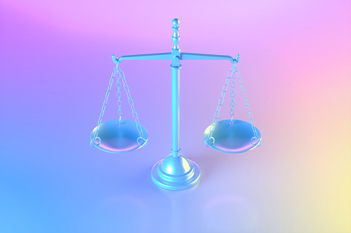 Dcales of justice on neon lighting background blue pink and yellow colors. 3d render.