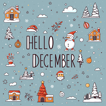 Lettering hello december card. New Year and Christmas bundle cartoon style. Set of colored doodle new year icons with fillers.
