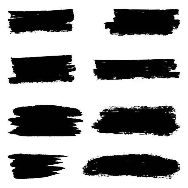 Vector illustration of Set of ink brush strokes, brushes, lines, black paint, grungy. hand drawn graphic element isolated on white background.