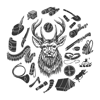 Hunting with a deer head. Circle composition. Vector illustration.