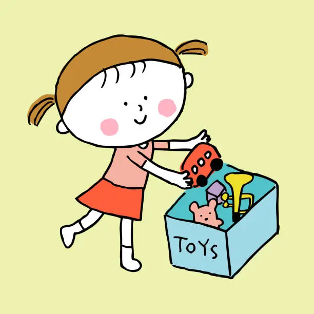 Vector illustration of A child putting toys away in a toy box1