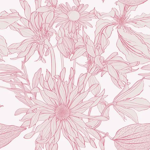 Vector illustration of Seamless pattern of gerbera, clematis flowers for fabric design. Luxurious line art of spring flowers. Vector illustration.