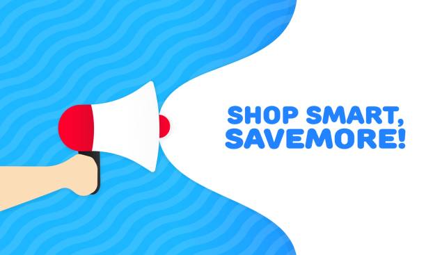 istock Shop smart icon. Flat, blue, megaphone text, shop smart, savemore, savemore shop icon. Vector icon 1693744817