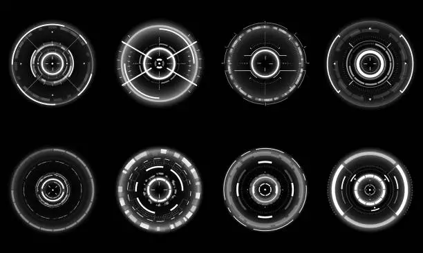 Vector illustration of Set of sci fi grey white circle user interface elements technology futuristic design modern creative on black background vector