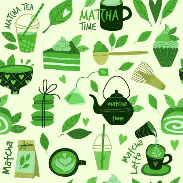 Vector illustration of Matcha pattern. Asian beverage products sticky badges recent vector seamless background. Illustration of matcha beverage asian, tea drink