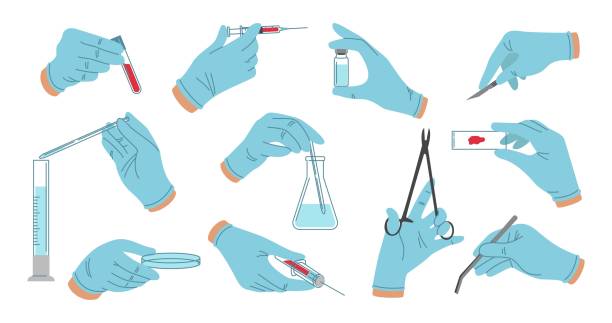 의료 조작, 테스트의 삽화 세트. 의료용 장갑, 의료 기기, 시험관, 병, 주사기, 플라스크, 메스, 핀셋, 주사제에 손을 넣습니다. 벡터 그림입니다. - microscope slide stock illustrations