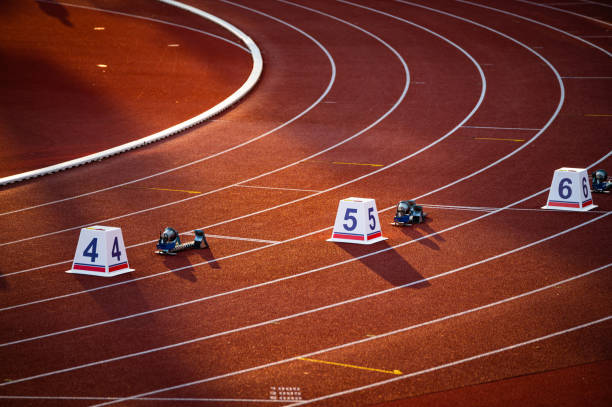 istock Red Track with Precise White Lines and Sequential Numbers: A Visual Representation of Athletic Preparation and Precision - Track and Field Illustration Photo for Worlds in Budapest and Games in Paris 1693759211