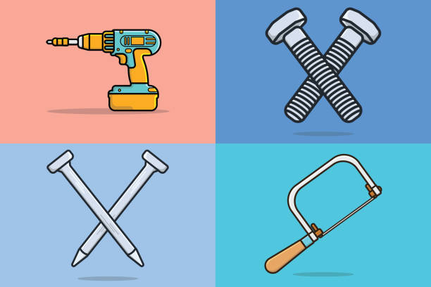 Set of Construction and Carpenter working equipment vector illustration. Drill with Metallic Nail and Coping Saw working tools vector design. Build and repair industrial design. Set of Construction and Carpenter working equipment vector illustration. Drill with Metallic Nail and Coping Saw working tools vector design. Build and repair industrial design. chuck drill part stock illustrations