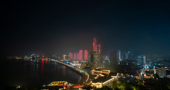 At night, the beautiful city scenery is in  Yantai City in Shandong Province