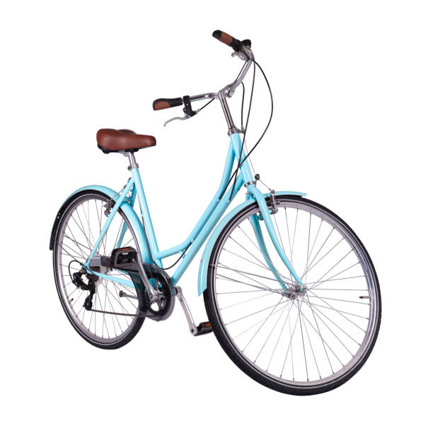 istock Blue retro bicycle with brown saddle and handles, generic bike side view 1693762352
