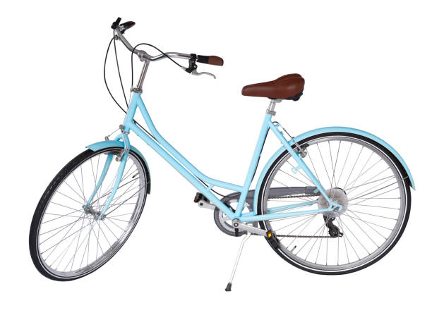istock Blue retro bicycle with brown saddle and handles, generic bike side view 1693762661