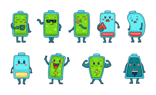 Battery cartoon character. Full and low charge. Vector drawing. Collection of design elements.