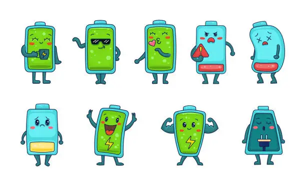 Vector illustration of Battery cartoon character. Full and low charge. Vector drawing. Collection of design elements.