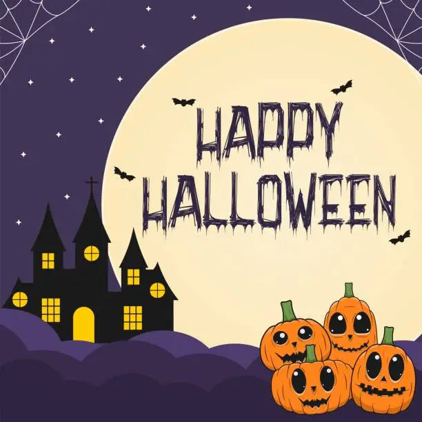 Vector illustration of halloween design with 4 pumpkins, moon and haunted house with dark purple color theme