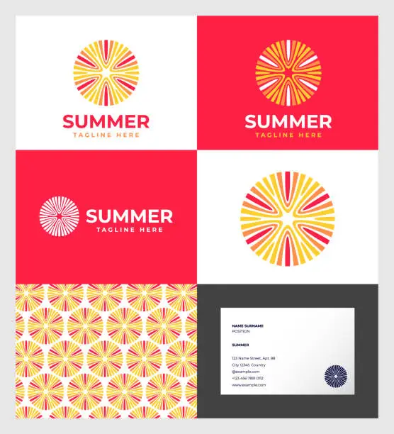 Vector illustration of Summer emblem. Sun Rays with letters,  seamless pattern. Identity. Business card.