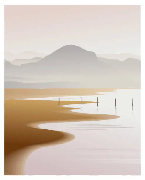 Vector illustration of Foggy landscape with sea, sand and mountains. Low tide and piles from the old pier.