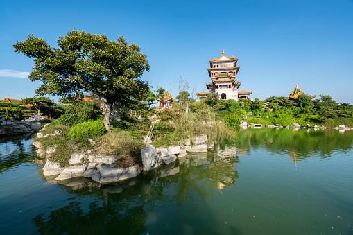 palaces on lakesChinese landscape gardens，Yantai, Shandong, China