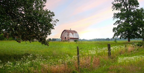 Pasture with fence-wildflowers and old red barn- Howard County, Indiana