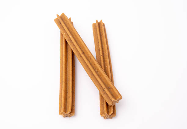 istock Dog chewing sticks on a white background. 1693791867