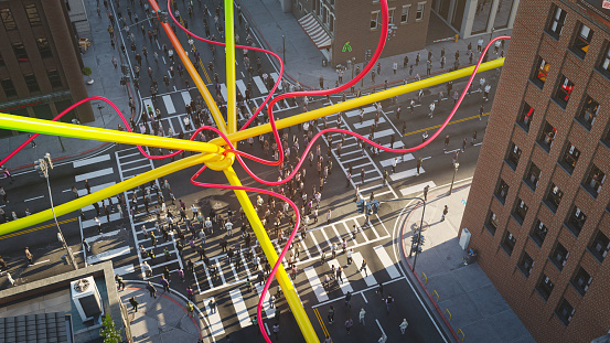 Long colorful cables intersecting in the middle of the city street, 3D render