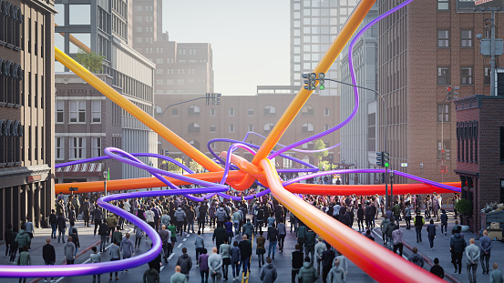 Crowd of people looking at long colorful cables intersecting in the middle of the city street, 3D render